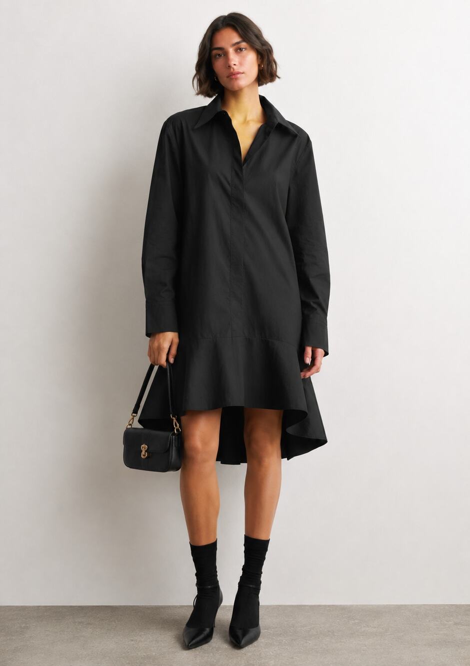 COS Flared Cotton Mini Shirt Dress Ruffle High Low Hem Minimalist Size 12
